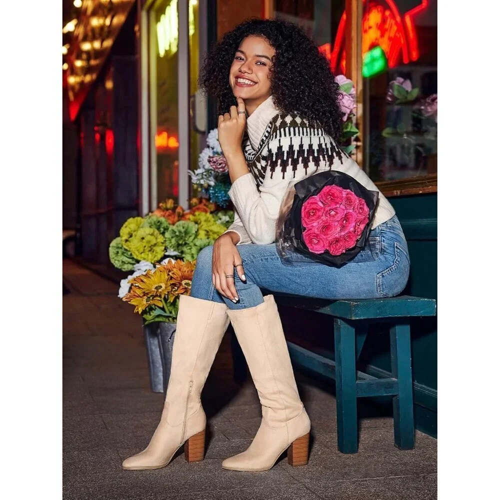 Women Faux Sueder Nude Knee High Chunky Heel Side Zipper Stretch Winter Boot